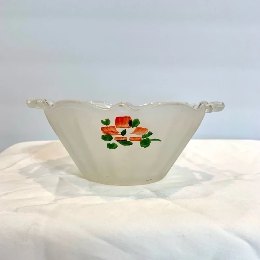 VINTAGE LANCASTER GLASS BOWL FROSTED SATIN PAINTED PINK FLOWERS